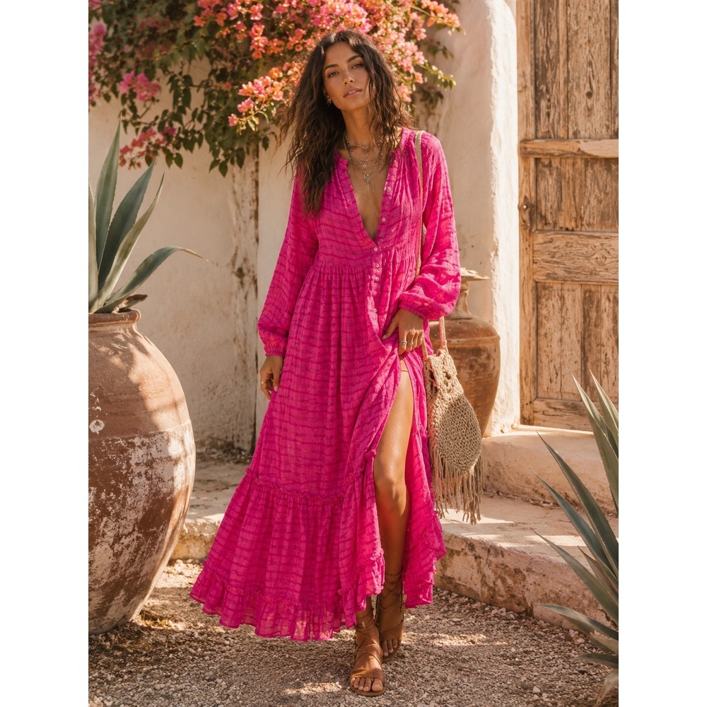 Free People Edie Maxi Dress Fuchsia Pink Boho Button Front Size S